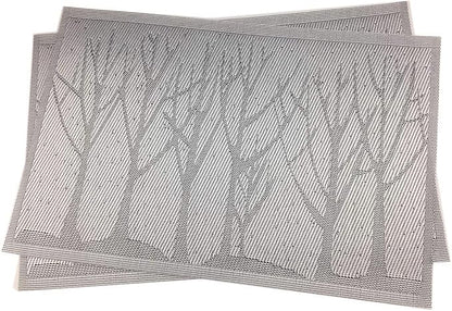Gugrida Place Mats PVC Set of 6, Table Placemats Set of 6 PVC Woven Vinyl Place Mats Table Mats Natural Color (6 pcs, Silver Tree)