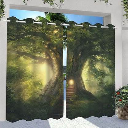 Fantasy Theme Outdoor Curtains for Patio Waterproof,Forest Pattern,Light Filtering Curtains Outside Curtains for Porch, Gazebo, Pergola, Backyard,Set of 2 Panels,54 x 108 inch,Green