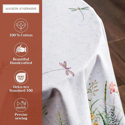 Maison d' Hermine Table Cloth Round Table 100% Cotton 69 Inches Tablecloth Reusable Decorative Everyday Use for Dining Room, Farmhouse, Home, Party, Festive & Wedding Spring Summer - Fleurs De Mai