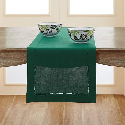 Solino Home Linen Rainforest Green Table Runner 132 Inches Long - 100% Pure Linen Extra Long Table Runner 14 x 132 Inch for Winter, St Patricks Day - Classic Hemstitch