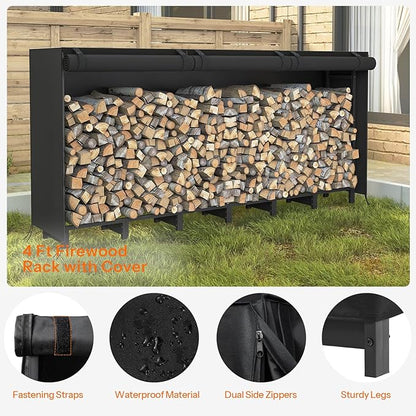 HOOBRO 8FT Firewood Rack with Cover, Outdoor Firewood Log Rack, Adjustable Log Holder with Waterproof Cover, Fireplace Wood Storage, Heavy Duty Wood Holder, for Indoor and Outdoor, Black BB02CH02