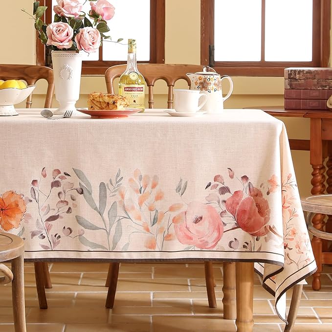 Linen Long Rectangle Tablecloth,French Vintage Pink Floral Pattern Wrinkle Free Table Cloth,Decor Table Cover for Kitchen,Dining,Tea Party,Thanksgiving,Christmas,63"*102"-Sloosa