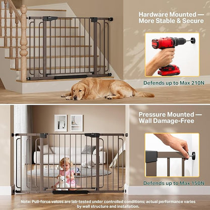 Cumbor 29.7-59" Extra Wide Baby Gate for Stairs, Pressure Mounted Dog Gate for Doorways, Auto-Close Easy Walk Through Safety Child Gate for Kids Toddler, Tall Pet Gates Indoor, Brown