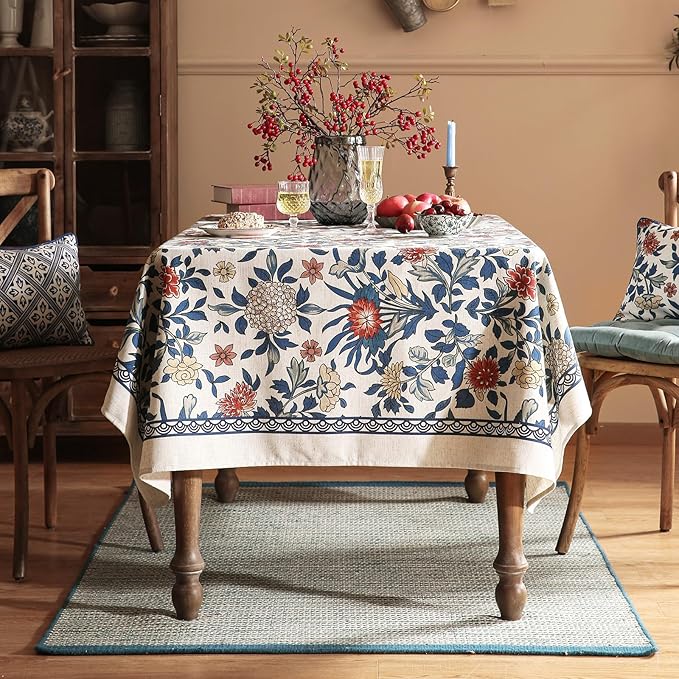 patdrea Designer Blue Tablecloth for Rectangle Table,Vintage Linen with Leaves and Floral Pattern Tablecloths,Farmhouse Decor Cover for Kitchen Dining Christmas,Thanksgiving,63"x87"-Ivar a