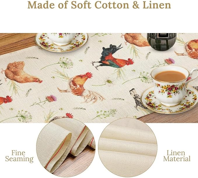 Farmhouse Rooster Table Runner, Rustic Farm Animals Cow Pig Chicken Coffee Table Center Decor for Home Kitchen Dining Patio Holiday Party Indoor Outdoor Table Decorations, 13"x108" Inch