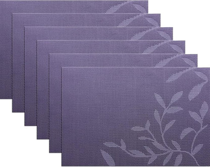 Leaf Placemats Set of 6, Non-Slip Heat-Resistant 18" x 12" Vinyl Washable Placemats for Kitchen Indoor Outdoor Party Birthdays Weddings Decoration (Purple)