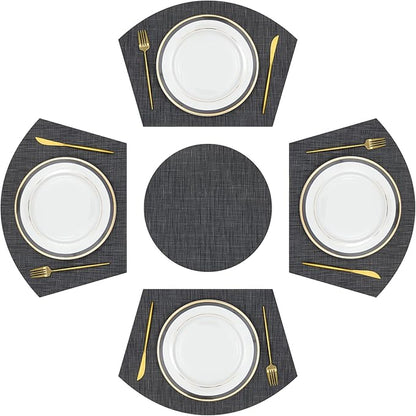 SHACOS Large Size Wedge Placemats with Centerpiece Round Mat Set of 5 Round Table Place Mats Washable Dining Table Placemats Reversible Durable, Black Gray