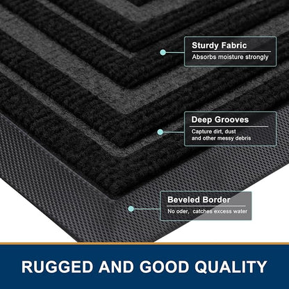 Buganda Front Door Mat Indoor Outdoor Entrance, Non-Slip Natural Rubber Doormats, Easy Clean, Low Profile, Dirt Trapper Entryway Floor Mats for Outside, Garages and Patios, 29.5x17, Black