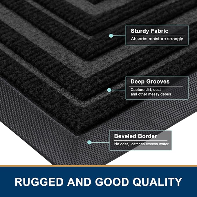 Buganda Front Door Mat Indoor Outdoor Entrance, Non-Slip Natural Rubber Doormats, Easy Clean, Low Profile, Dirt Trapper Entryway Floor Mats for Outside, Garages and Patios, 47x23, Black