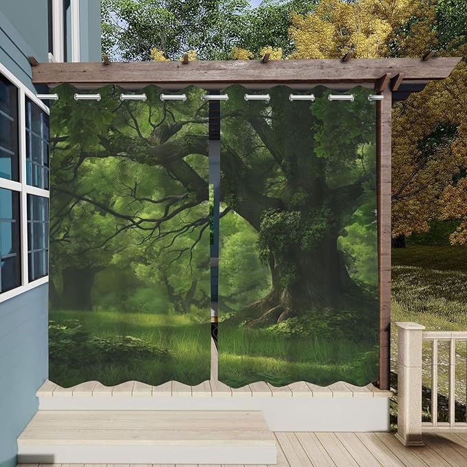 Nature Theme Waterproof Indoor/Outdoor Curtains,Forest Pattern,Weatherproof Outside Curtain for Cabana, Porch, Pergola and Gazebo,2 Panel,54 x 96 inch,Green