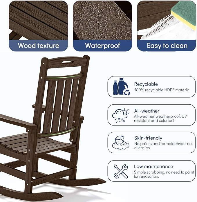 Oversized HDPE Outdoor Rocking Chair, All-Weather Resistant, Coffee | Heavy - Image 7