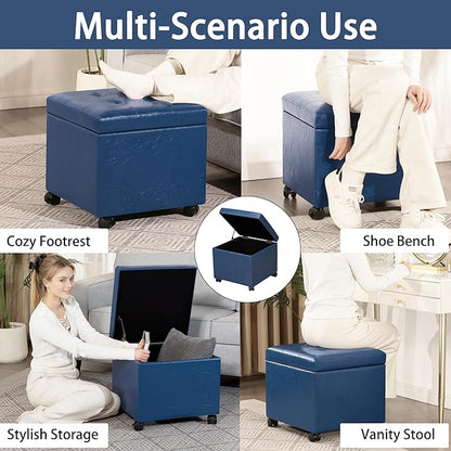 Homebeez Faux Leather Storage Ottoman with Steerable Rolling Wheels, 17.7" Square Small Foot Rest Stool Tufted Cube Footstool with Hinged Lid, Load 300 lb, for Living Room, Bedroom, Entryway, Blue