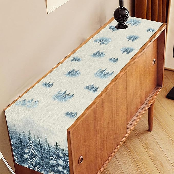 Forest Table Runner, Rustic Farmhouse Mountains Birds Pine Tree Woodland Jungle Cottage Country Coffee Table Center Decor for Home Kitchen Dining Patio Holiday Party Table Decorations, 13"x72" Inch
