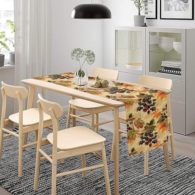Autumn Leaf Table Runner, Thanksgiving Autumn Harvest Watercolor Black Berry Floral Fruit Leaves Vintage Table Runner for Home Party Picnic Dinner Table Decor, 13x36inch