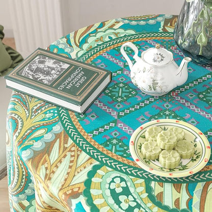 Linen 67 Inch Round Tablecloth,Wrinkle Resistant French Green Tablecloth Print with Froal,Decor Stitch Table Cloth for Thanksgiving,Dining Room,Home,Kitchen Diameter 67"-Milen