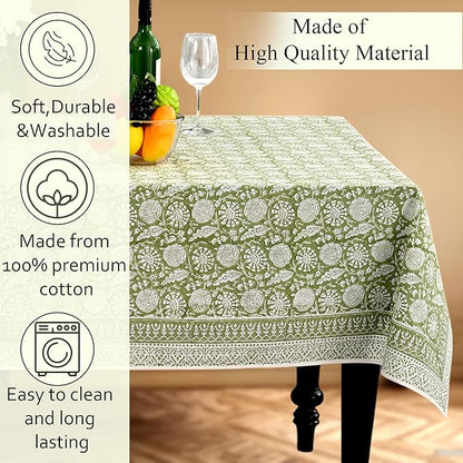 CPC Olive Bloom Tablecloth 100% Cotton 60x90 Inch Indian Block Print Rectangle Table Cover, Table Cloth for Gifting in Weddings, Halloween, Fall, Christmas, Thanksgiving