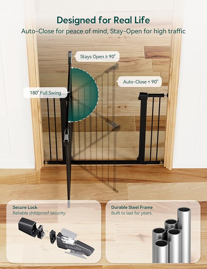 BABELIO 36" Tall Baby Gate, 29-48" Auto-Close & Pressure Mounted, Black Steel Dog Gate for Stairs & Doorways