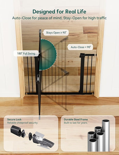 BABELIO 36" Tall Baby Gate, 29-48" Auto-Close & Pressure Mounted, Black Steel Dog Gate for Stairs & Doorways