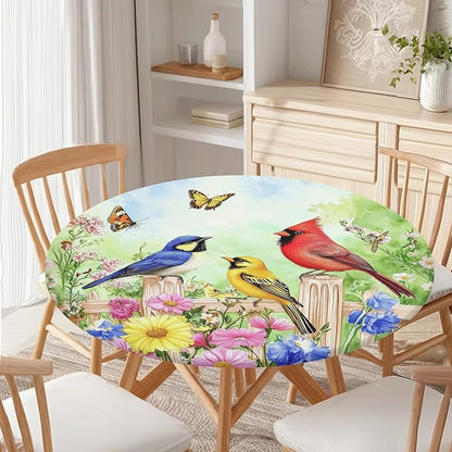 Spring Birds Floral Round Fitted Tablecloth with Elastic Colorful Flower Butterfly Circle Table Cloth for 48-52" Round Tables Wipeable Waterproof Farmhouse Easter Table Cover for Outdoor Picnic Dining