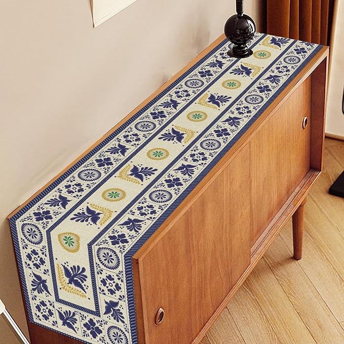 Mexican Table Runner, Blue Floral Birds Mexico Talavera Ceramic Dia De Los Muertos Coffee Table Center Decor for Family Home Kitchen and Dining Farmhouse Indoor Outdoor Table Decorations, 13" X 72"
