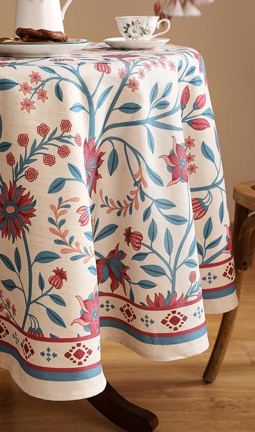 Designer Linen Floral Small Round Tablecloth,Vintage William Morris Wrinkle Resistant Table Cloth,Decor Table Cover for Kitchen,Dining,Thanksgiving,Christmas,Diameter 55"-Dorodango B