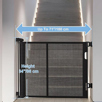 71 inches Extra Wide Retractable Baby Gate, 34 inches Tall Pet Gate for Stairs, Hallways, Kitchens, Safety Mesh Barrier for Kids and Dogs, Indoor Outdoor Use, White