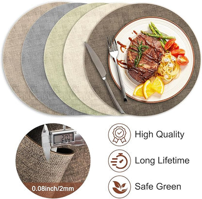 Round Faux Leather Placemats and Coasters, Set of 8, Reversible Heat Resistant Non-Slip Table Mats, Waterproof Wipeable Place Mats for Dining Table, Washable for Indoor & Outdoor (8, Dark Brown)
