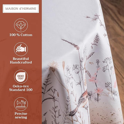 Maison d' Hermine Table Cloth Round Table 100% Cotton 63 Inches Tablecloth Reusable Decorative for Dining Room, Farmhouse, Home, Party, Festive & Wedding Spring Summer - Meadow Florals - Brown
