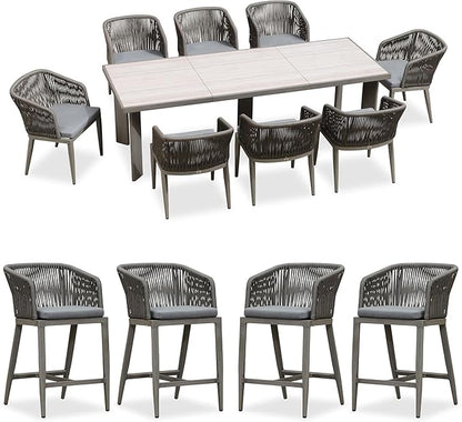 PURPLE LEAF 9 Pieces Outdoor Dining Set Patio Table and Chairs Set Aluminum Rattan Wicker Patio Furniture Set for Lawn Backyard Deck Grey with Counter Stools