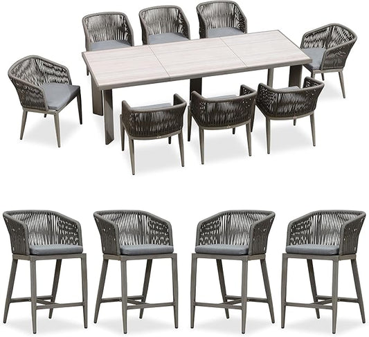 PURPLE LEAF 9 Pieces Outdoor Dining Set Patio Table and Chairs Set Aluminum Rattan Wicker Patio Furniture Set for Lawn Backyard Deck Grey with Counter Stools