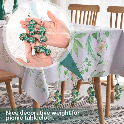Sungmor Cast Iron Tablecloth Weights - 4 Pack Vintage Green Sea Horse Table Cloth Weights Clip On - Heavy Weights for Picnic Tablecloth, Outdoor Tables, Garden Flags, Curtains