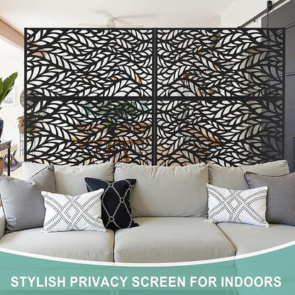 Metal Privacy Screen for Outdoor & Indoor Use, Free Standing Privacy Screen for Patio Garden Pool, 72" H x 47" W Decoative Privacy Panels, Weather Resistant, Easy Assembly (Black Spring Leaf)