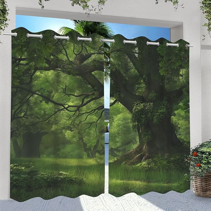 Nature Theme Outdoor Curtains for Patio Waterproof,Forest Pattern,Grommet Curtain for Bedroom, Porch, Living Room, Pergola, Cabana,Set of 2 Panels,54 x 108 inch,Green