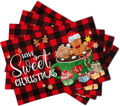 Giwawa Gingerbread Placemats Set of 4, Have A Sweet Christmas Red Black Buffalo Plaids Place Mat, Winter Hot Cocoa Cookie Table Mats 12"x18" for Kitchen Dining Holiday Party Decor