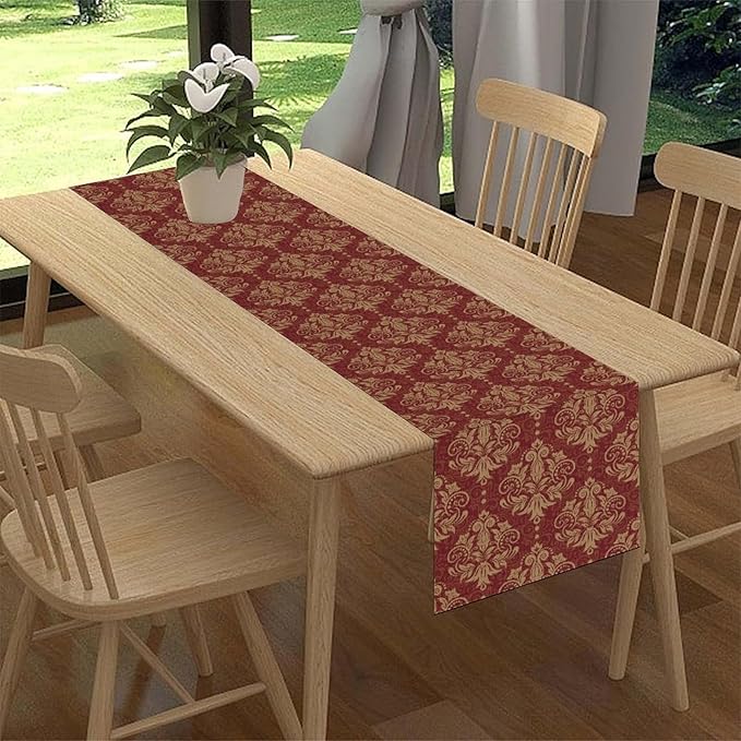 Red Damask Table Runner, Rustic Gothic Baroque Style Floral Boho Flower Antique Coffee Vintage Retro Table Center Decor for Kitchen and Dining Outdoor Home Country Party Table Decorations, 13"x36"