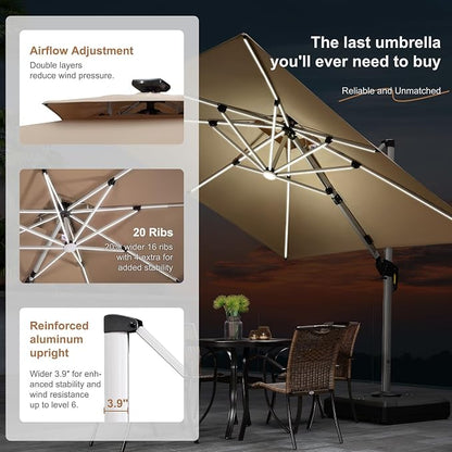 PURPLE LEAF Cantilever Umbrella 10' X 10' Double Top LED Light, Deep Beige | 7 - Image 4