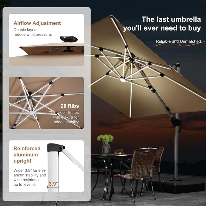 PURPLE LEAF Cantilever Umbrella 12'X12' Double Top Solar LED Light, Support to - Image 3