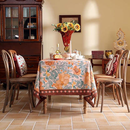 Vintage Linen Rectangle Tablecloth,Italian Orange Floral Pattern Soft and Wrinkle Resistan Table Cloth,Decor Table Cover for Kitchen,Dining,Thanksgiving,Christmas,55"*87"-Positano