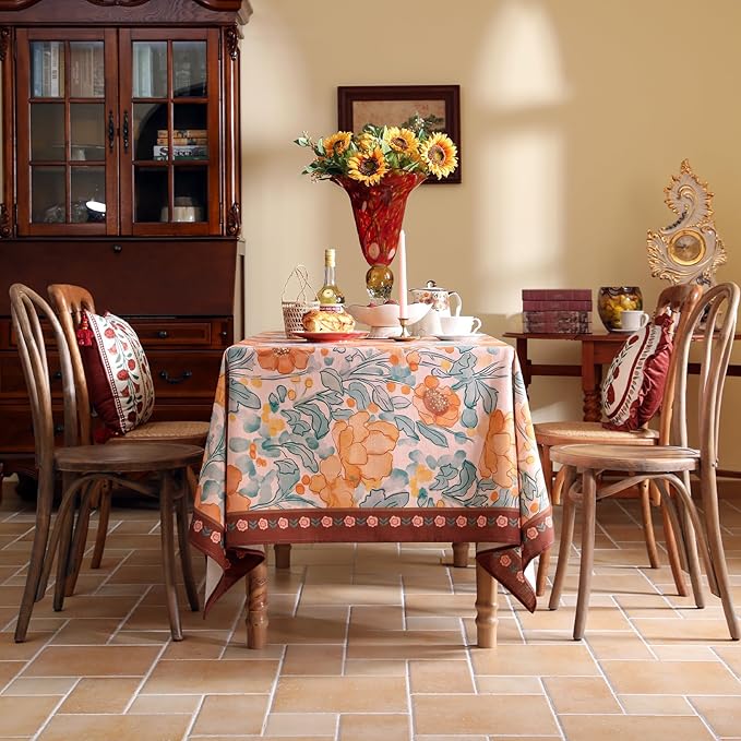 Vintage Linen Extra Long Rectangle Tablecloth,Italian Orange Floral Wrinkle Resistan Table Cloth,Decor Table Cover for Kitchen,Dining,Thanksgiving,Christmas,67"*118"-Positano