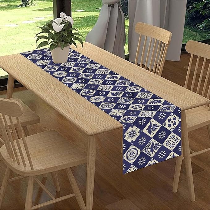Floral Birds Mexican Table Runner, Blue Mexico Talavera Ceramic Tiles Cinco De Mayo Azulejo Coffee Table Center Decor for Family Kitchen and Dining Patio Indoor Outdoor Table Decorations, 13" X 90"