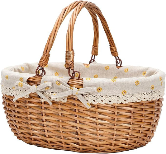 G GOOD GAIN Wicker Picnic Basket with Double Folding Handles,Willow Picnic Hamper,Natural Hand Woven Easter Basket,Easter Eggs and Candy Basket,Bath Storage,Gift Packing Basket.Yellow