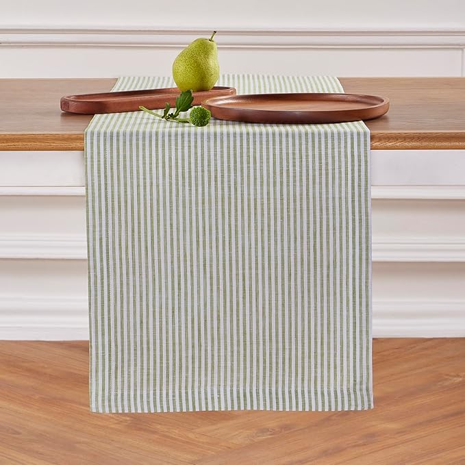 Solino Home Linen Table Runner 144 Inches Long - Narrow Stripe, 100% Pure Linen Avocado and White Table Runner 14 x 144 Inch for Dining, Spring, St Patricks Day, Easter, Spring