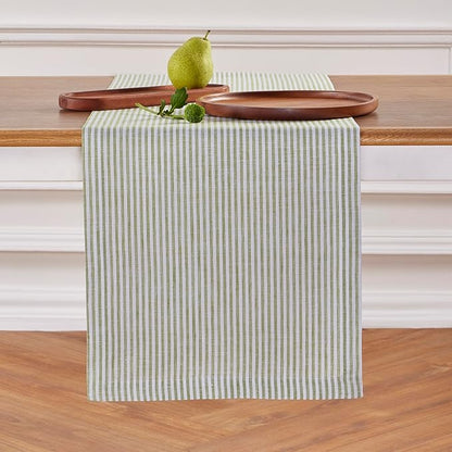 Solino Home Linen Table Runner 144 Inches Long - Narrow Stripe, 100% Pure Linen Avocado and White Table Runner 14 x 144 Inch for Dining, Spring, St Patricks Day, Easter, Spring