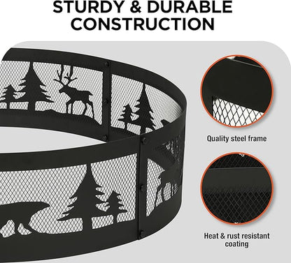 Red Mountain Valley 36 Inch Fire Pit Ring with 360° Forest & Wildlife Design, Portable Steel Wood Burning Firepit Ring for Outdoor Camping, Bonfires, Beach,Patio, fire Pit kit, Black