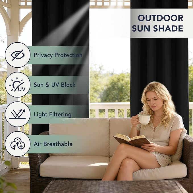 Black Outdoor Curtains for Patio Waterproof, 6 Drape Panels | Privacy & - Image 3