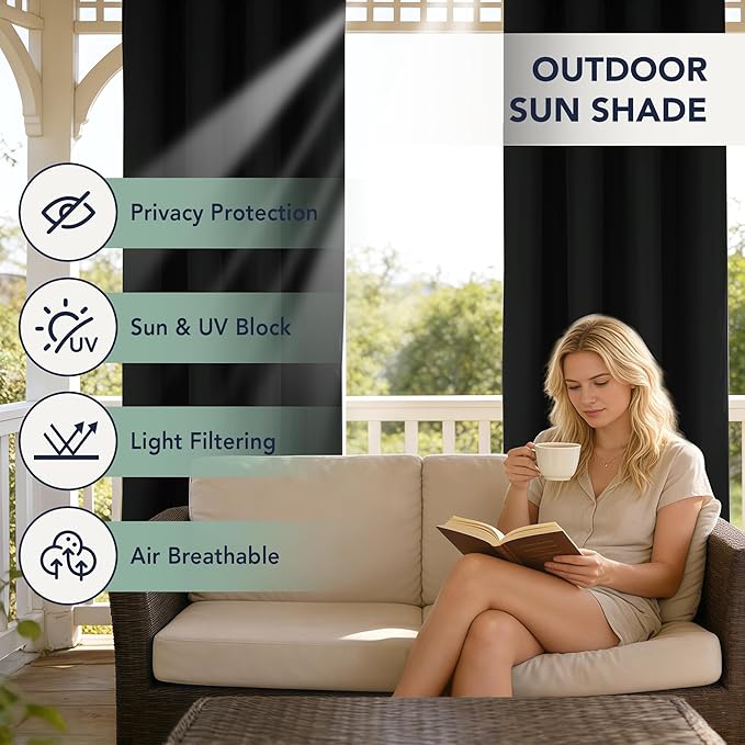 Black Outdoor Curtains for Patio Waterproof, 6 Panels 54 x 84 Inch | Privacy & - Image 3