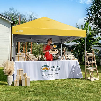 CROWN SHADES 8x8 Pop Up Canopy with 1 Side Wall - Beach Tent with One Push Setup - Outdoor Sun Shade for Events, Parties, Camping - Gazebo with STO-N-Go Cover Bag (Yellow)