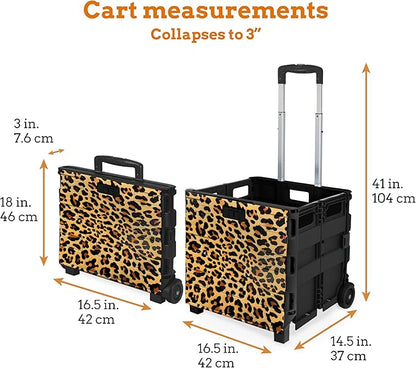 Inspired Living Ultra-Slim Rolling Collapsible Storage Pack-N-Roll Utility-carts, with Telescopic Handle, for Home, Garden, Shopping, Office, School use, Large, Leopard