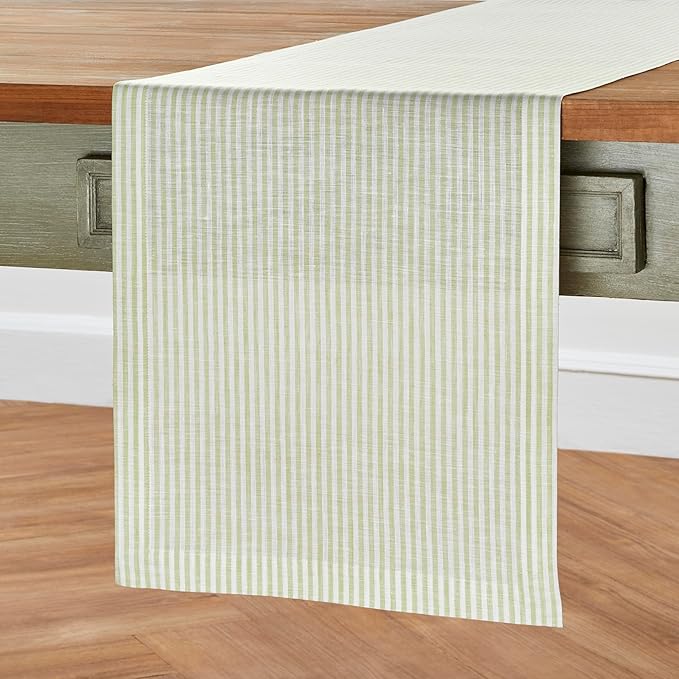 Solino Home Linen Table Runner 48 Inches - Narrow Stripe 100% Pure Linen Sage and White Table Runner 14 x 48 Inch Ideal for Dresser and Coffee Tables - Winter, Spring, St Patricks Day, Easter