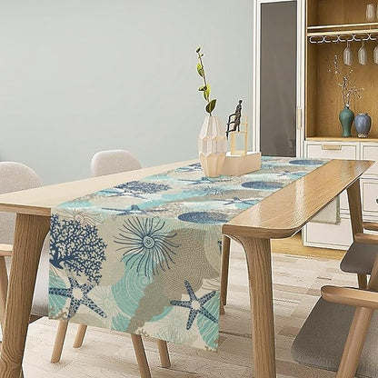 Marine Life Table Runner, Sea Underwater World Ocean Creature Table Runner for Dining Kitchen Party Holidays Home 13x108in